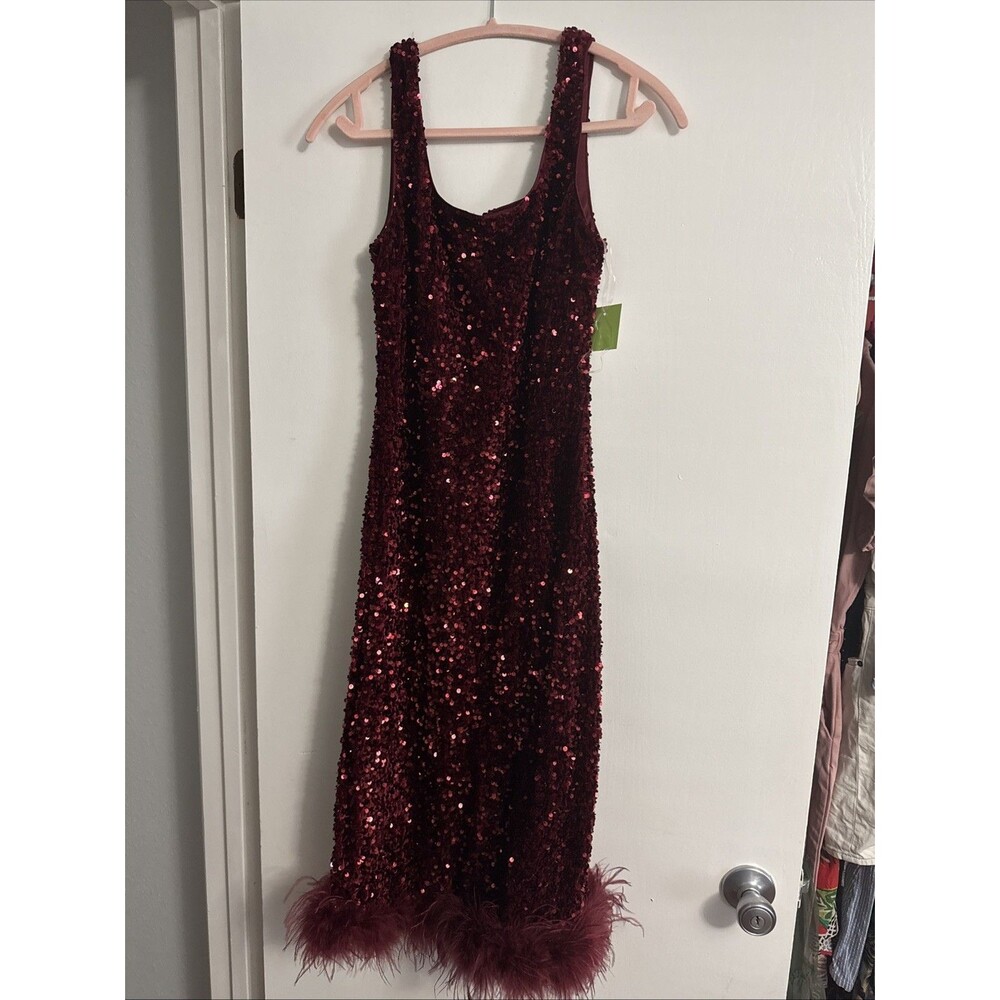 Better Be Feather Sequin Midi Dress Burgundy Size M NWT
